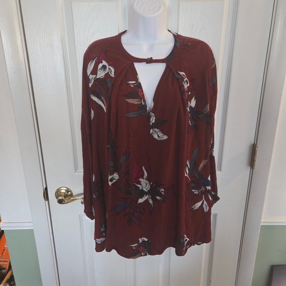 Free‎ People S Burgundy Floral Deep V-Neck Keyhole Tunic Blouse Boho Cottagecore